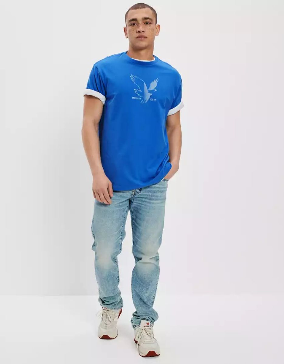 T Shirt Graphique American Eagle AE Super Soft Logo Bleu Homme | NQB-09548133